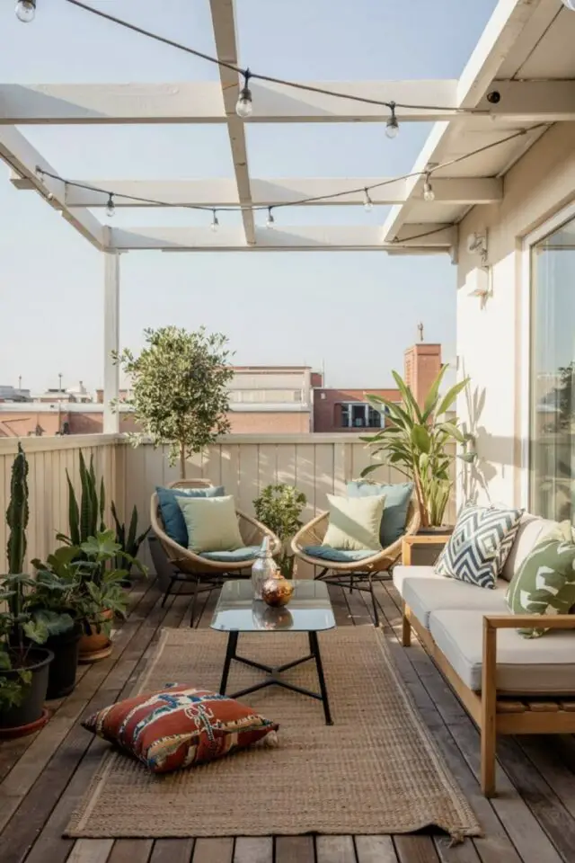 exemple balcon ouvert moderne extérieur aménagement pergola blanche 