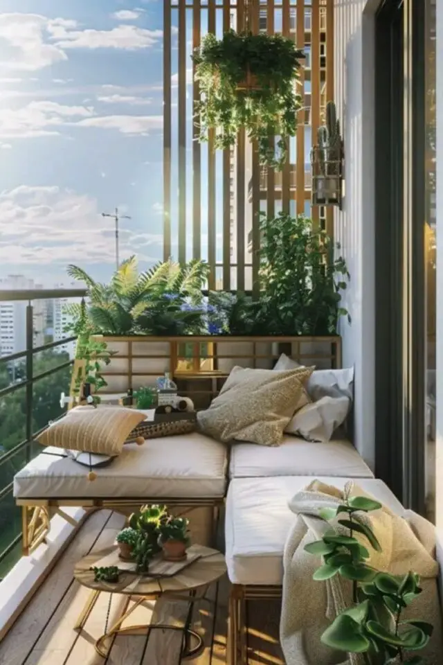 mobilier de jardin banquette méridienne balcon moderne extérieur plantes vertes suspendues à un claustras de séparation 