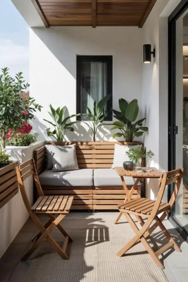 exemple balcon moderne extérieur salon de jardin en bois simple mais chaleureux plantes vertes en jardinière 