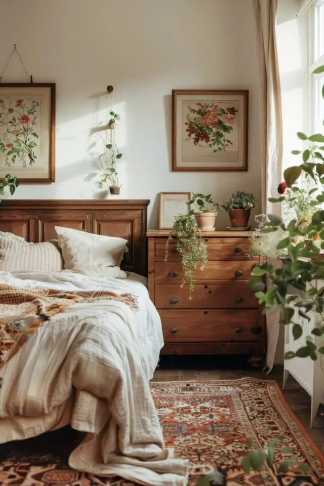 chambre campagne chic exemple à copier charme rustique tête de lit en bois petite commode 3 tiroirs tapis ancien mur blanc et linge de lit beige plantes vertes 