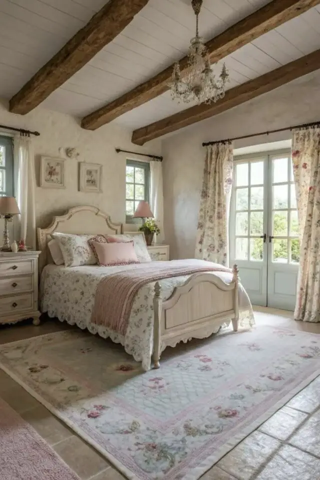 décoration chambre campagne chic avec poutres en bois au plafond sol carrelage grand tapis motif floral shabby chic rideau imprimé lit en bois  touche de rose 