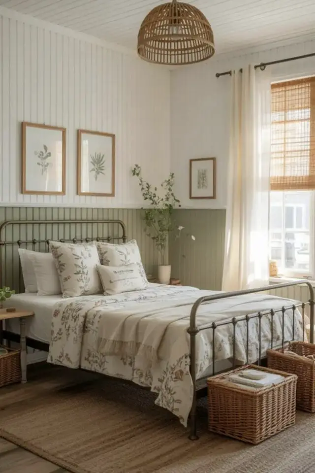 chambre campagne chic mur en lambris peint vert sage et blanc lit ancien en métal drap et housse de couette imprimé floral bout de lit en osier malle 