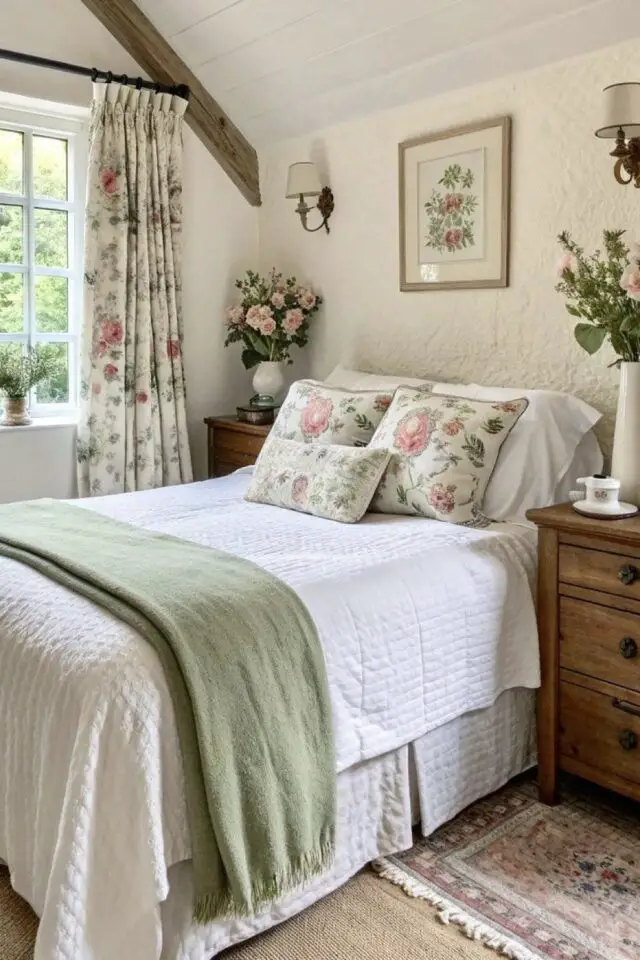décoration chambre campagne chic linge de lit neutre classique couverture verte coussins décoratifs imprimé floral comme les rideaux 