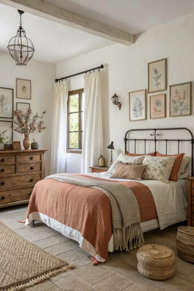 décoration chambre campagne chic blanc et terracotta ambiance douce et rustique lit en métal rideau blanc galerie de cadres au dessus de la tête de lit commode en bois 