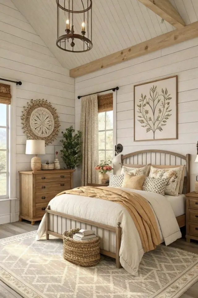 chambre campagne chic mur et plafond lambris poutres en bois ambiance claire et lumineuse commode et lit patiné grand tapis panier en fibres naturelles tressées 