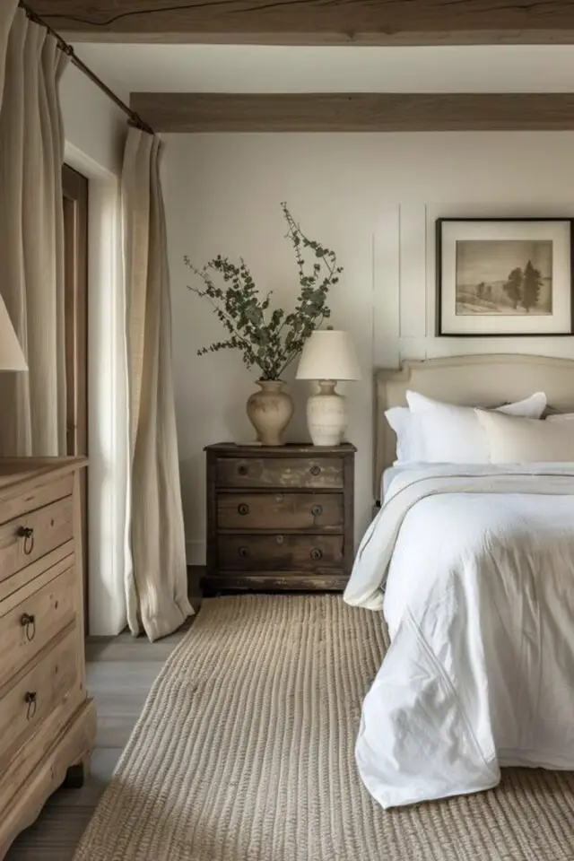décoration chambre campagne chic poutre au plafond tapis XXL naturel meuble commode en bois tête de lit beige rideaux unis froncés 