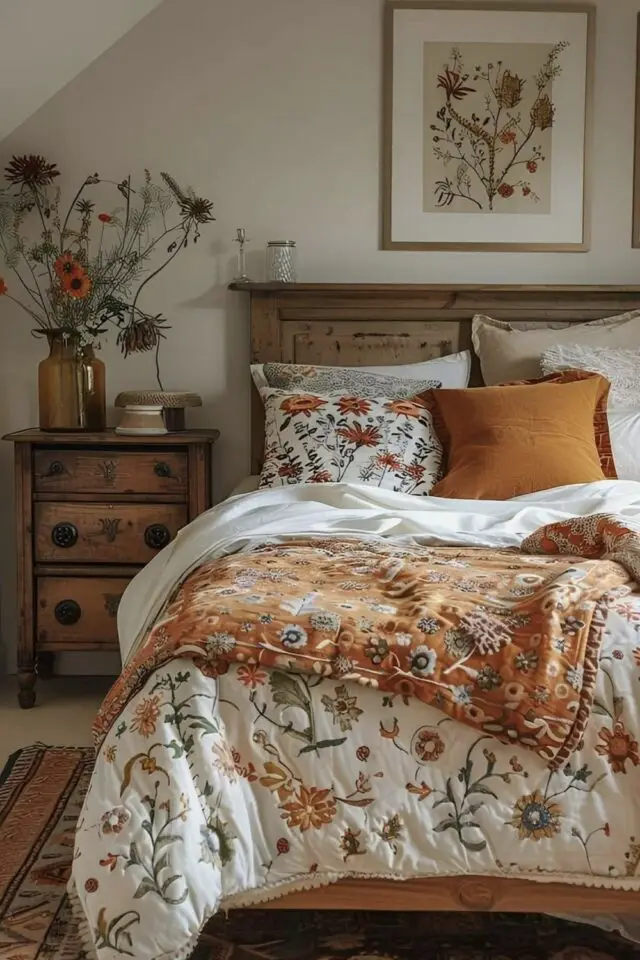 chambre campagne chic mansardée table de chevet en bois avec 3 tiroir lit ancien rustique housse de couette courtepointe motif floral 