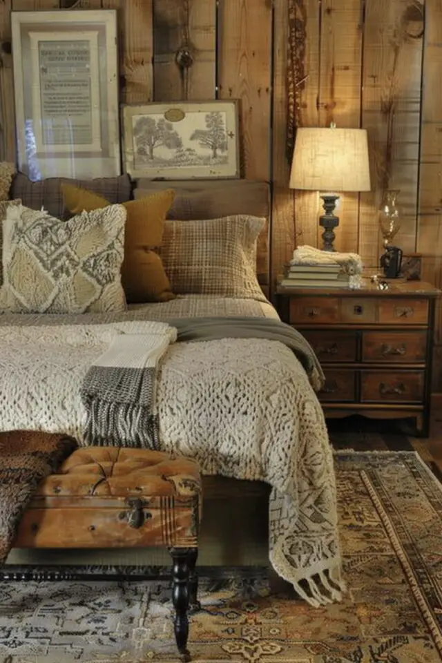 chambre adulte campagne mur lambris bois tapis bout de lit banc 