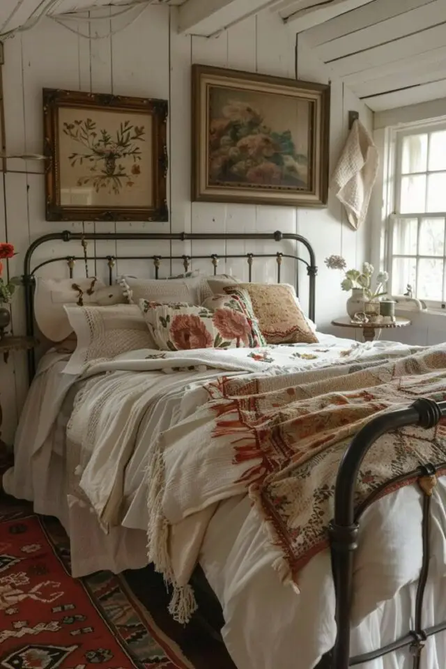 petite chambre mansardée lambris bois blanc lit en métal tableau ancien pour décorer les mur parure de lit élégante 