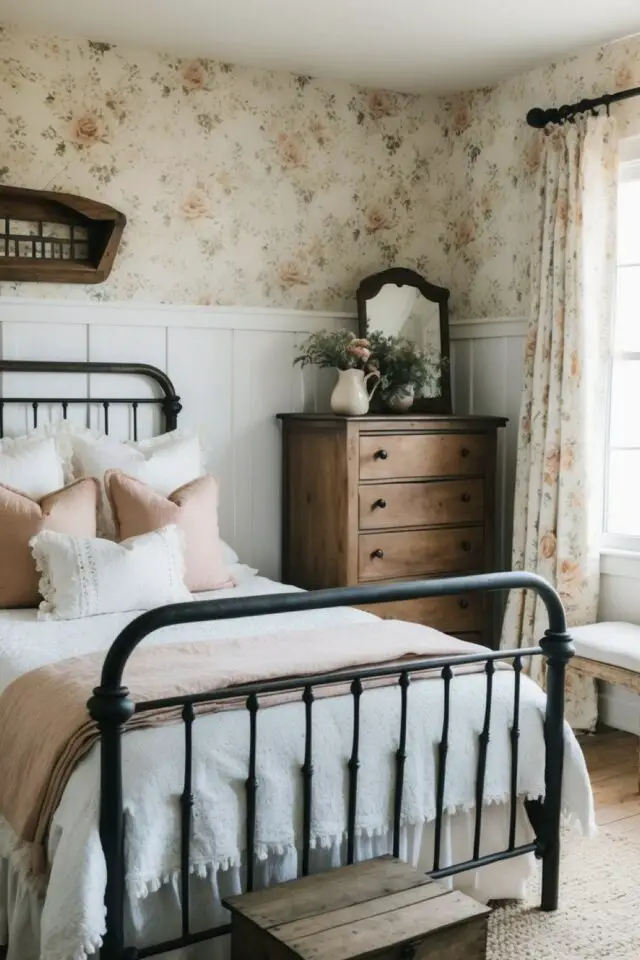décoration campagne chic chambre parentale lit en métal noir soubassement blanc moulure papier peint écru à fleurs commode en bois 