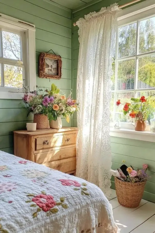 chambre parentale déco campagne chic lambris vert sauge clair voilage léger bouquet de fleurs commode en bois couvre-lit broderie florale 