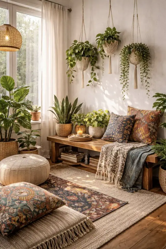 déco salon bohème banquette dessus meuble TV plantes vertes coussins imprimés pouf 