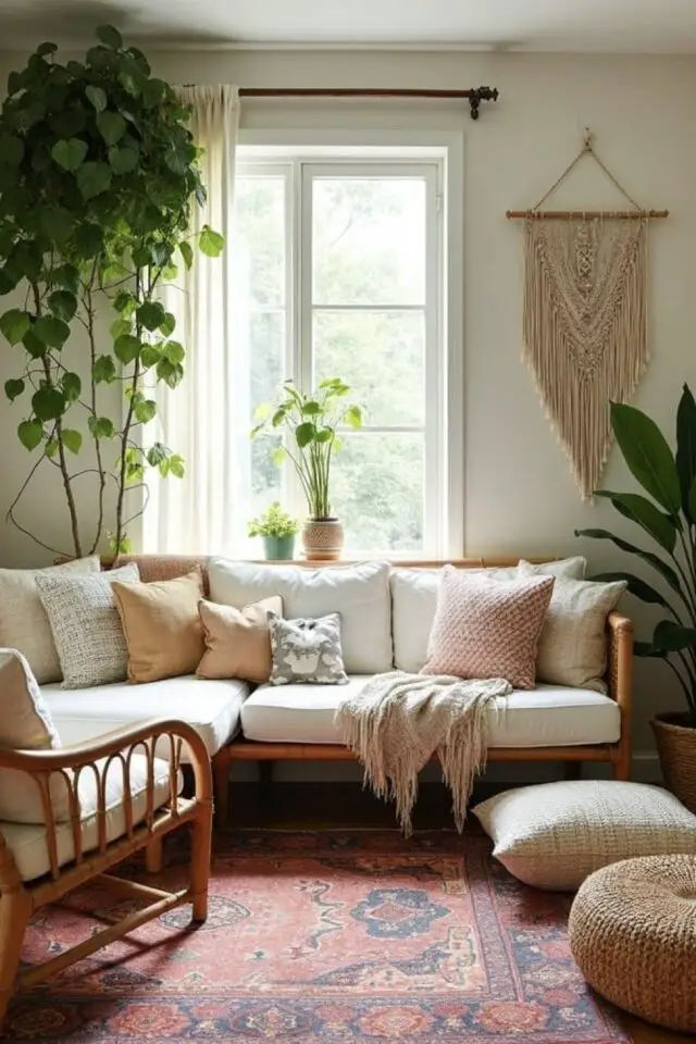 photo déco salon bohème canapé bois et coussin banc macramé mural tapis ancien coloré 