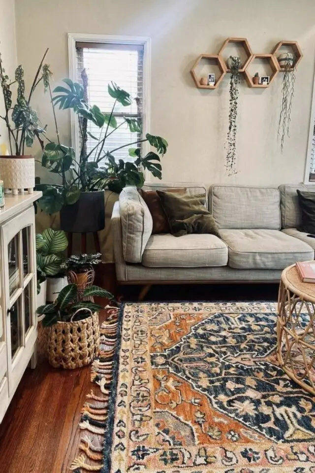 idée déco salon bohème chic et simple tapis persan canapé gris plantes vertes coin de la pièce 