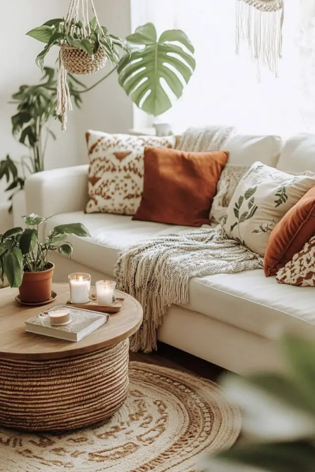 photo déco salon bohème canapé neutre beige coussins orange brûlé plante verte Monstera table basse ronde tapis rond 