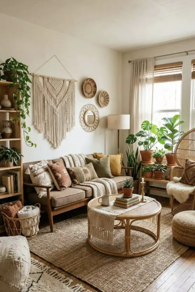 idée déco salon bohème macramé fat main XL au dessus du canapé plantes vertes mobilier en bambou et rotin ambiance neutre 