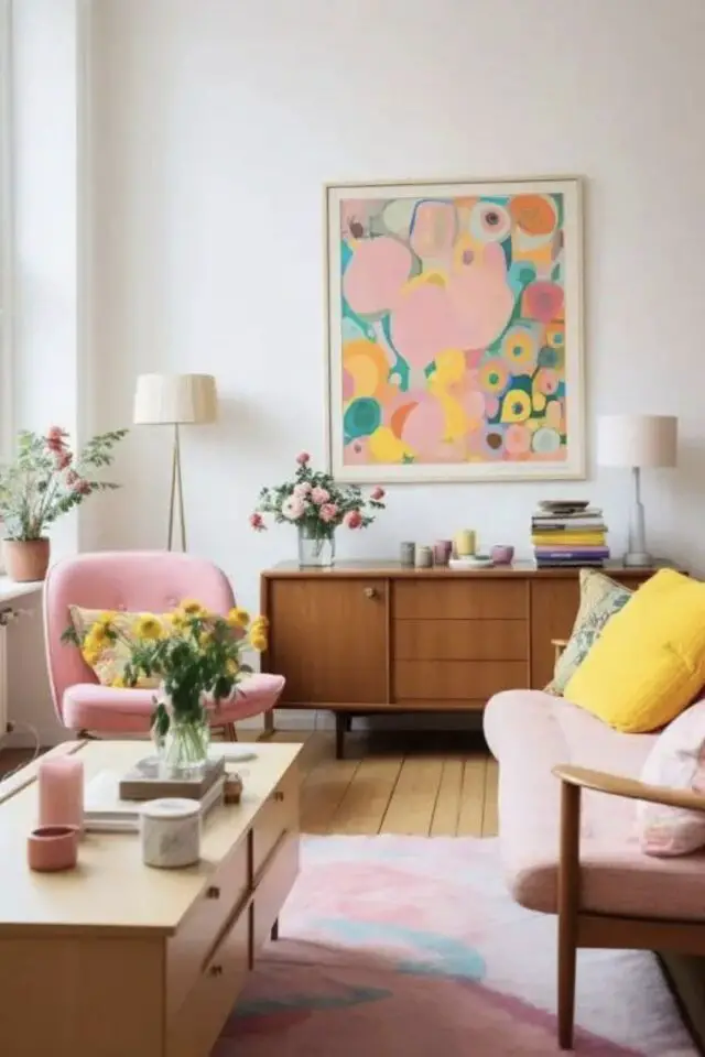 décoration de salon modern glam mur blanc buffet vintage fauteuil rose tableau printanier 