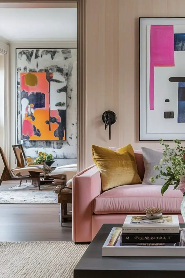 changer déco du salon inspiration modern glam actuelle canapé rose mur peinture chic et élégant affiche abstraite au mur 