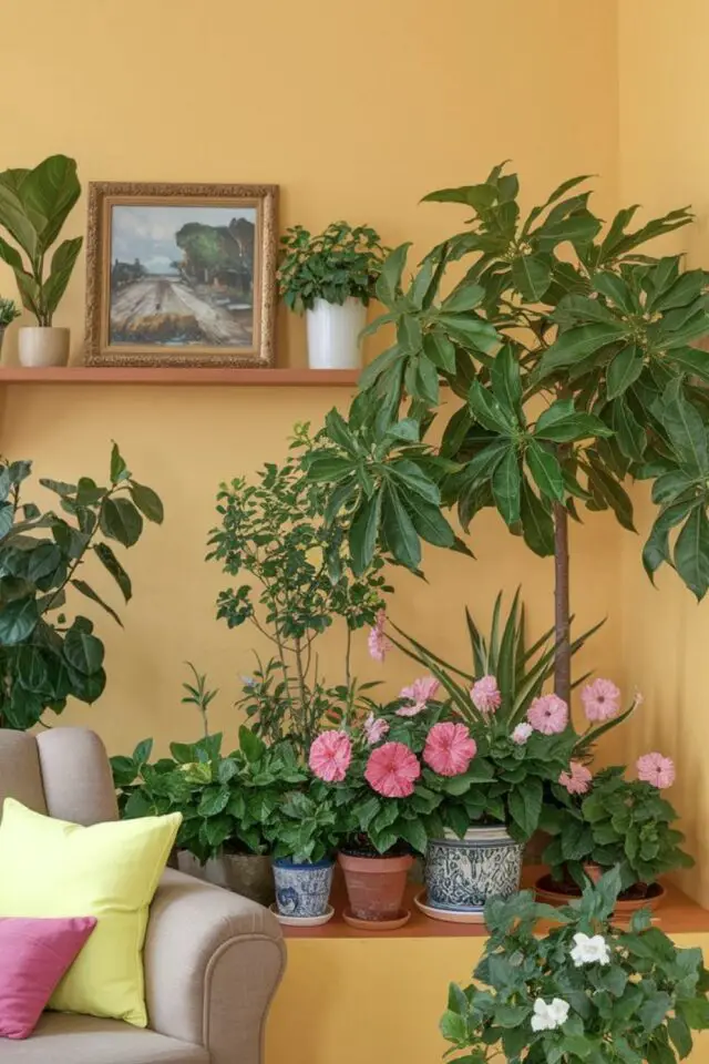 intérieur coloré vert jaune rose mur jaune plantes d'intérieur fleur colorée idée facile à copier intérieur coloré vert jaune rose mur jaune plantes d'intérieur fleur colorée idée facile à copier