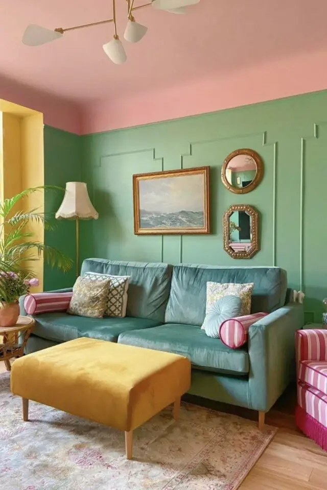 couleur salon séjour mur plafond canapé décoration vert jaune rose intérieur moderne et joyeux couleur salon séjour mur plafond canapé décoration vert jaune rose intérieur moderne et joyeux