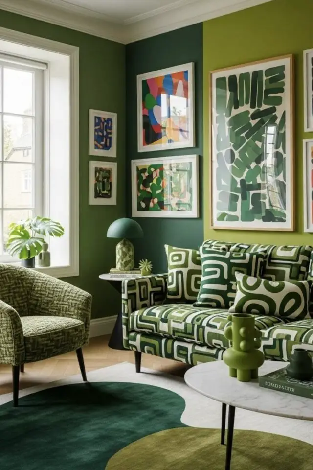 salon moderne et coloré layering décoration camaïeu vert tapis motif canapé affiche peinture bicolore esprit graphique 