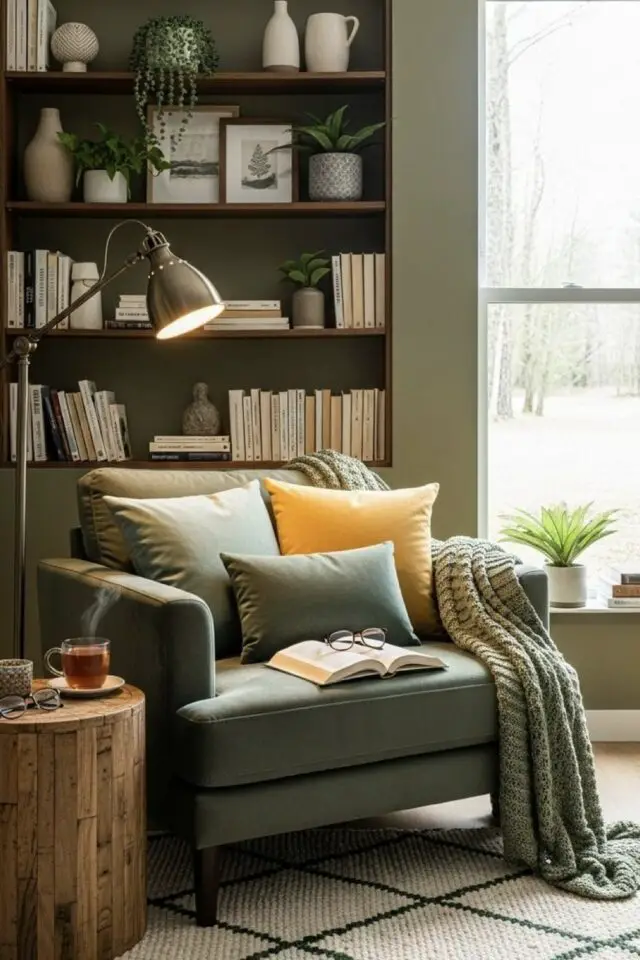 coin lecture douceur sauge peinture mur et bibliothèque fauteuil coussin et plaid idée déco camaïeu vert