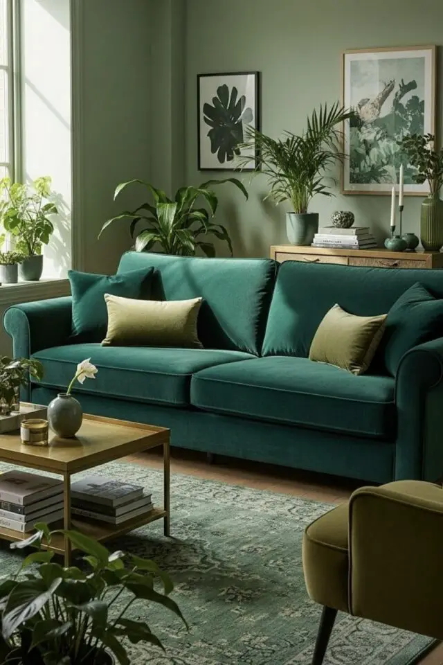 salon layering tapis canapé velours coussin peinture mur et affiche exemple camaïeu vert intérieur différentes nuances d'une même couleur 