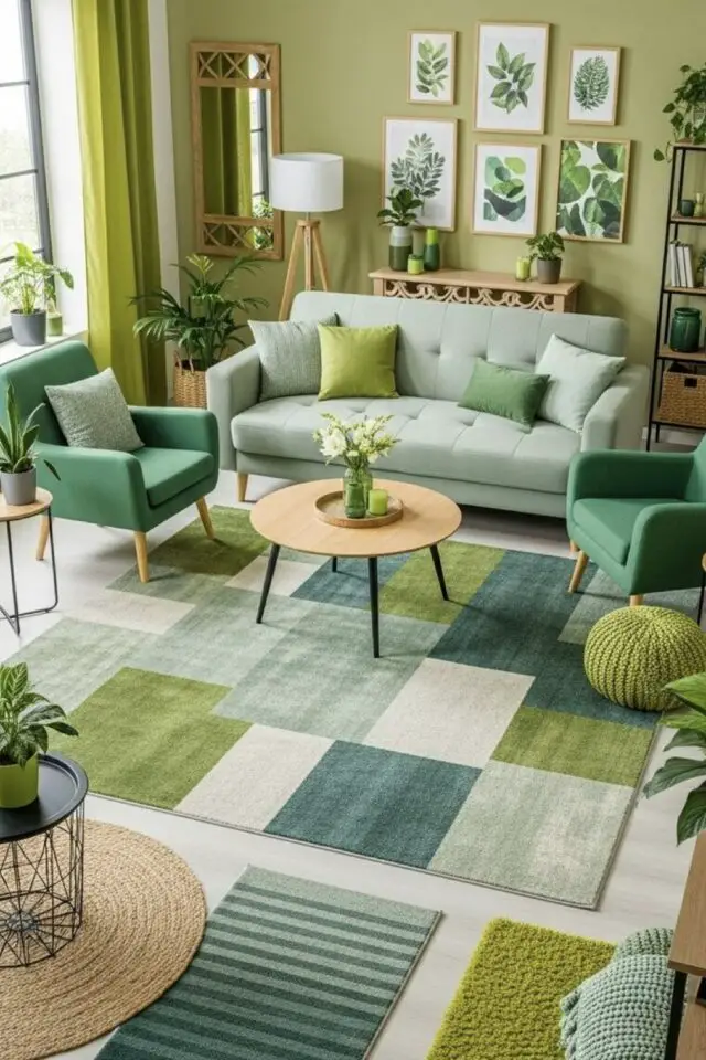idée déco camaïeu vert salon séjour plusieurs couches mur rideaux canapé fauteuil tapis illustrations encadrées coussin layering coloré 