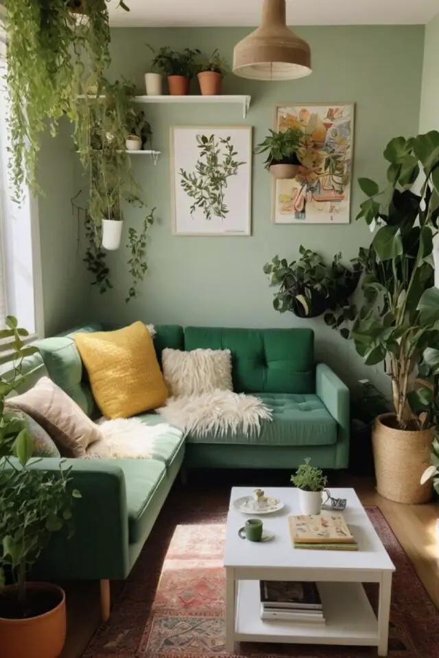 décoration camaïeu vert petit salon avec canapé d'angle coloré plantes d'intérieur peinture murale vert céladon 