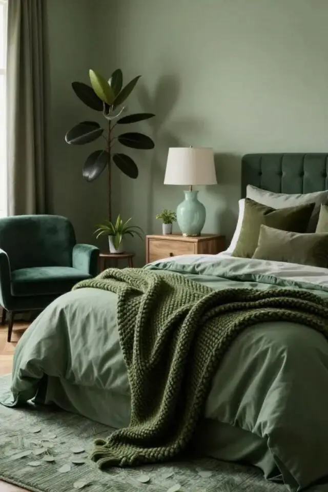 exemple camaïeu vert intérieur chambre adulte mur peinture sauge linge de lit tête de lit tapis layering plantes fauteuil lampe 