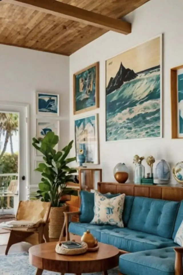 décoration bord de mer salon meuble en bois canapé bleu et tableaux décoration murale 