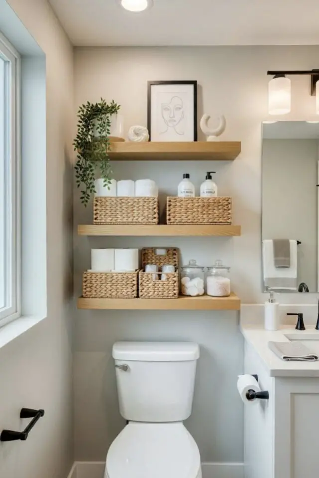 astuce bricolage home staging salle de bain optimiser l'espace au dessus des toilettes étagère murale gain de rangement 