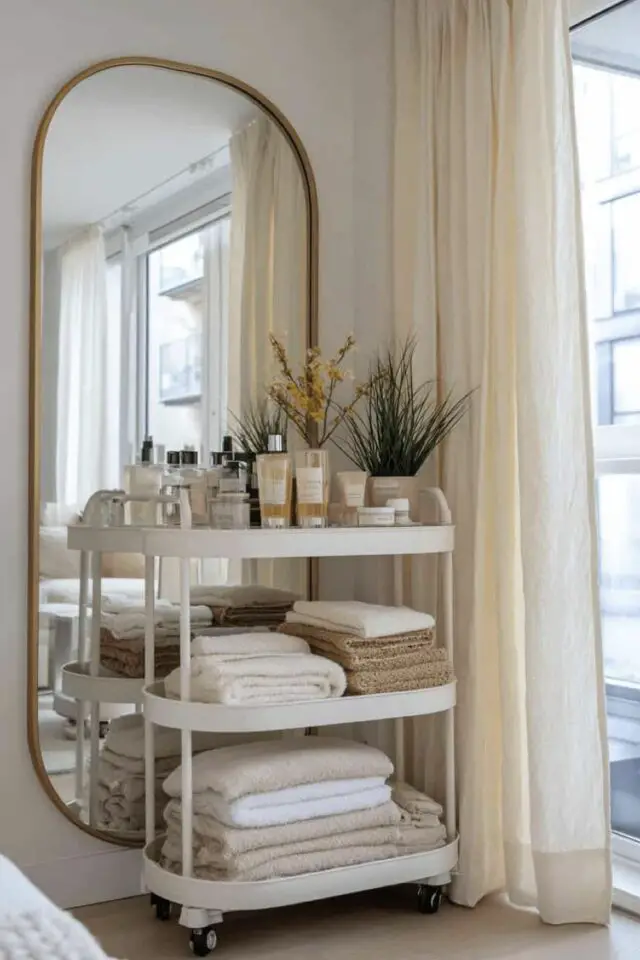 idée facile et rapide home staging salle de bain utiliser desserte moderne pour ranger les essentiels flacons serviettes et draps de bain tout regrouper 
