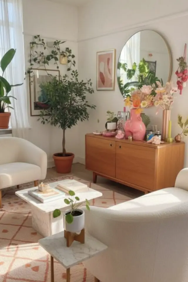 salon mobilier en bois petit buffet vintage mid century moderne vase déco design grand miroir rond espace lumineux 