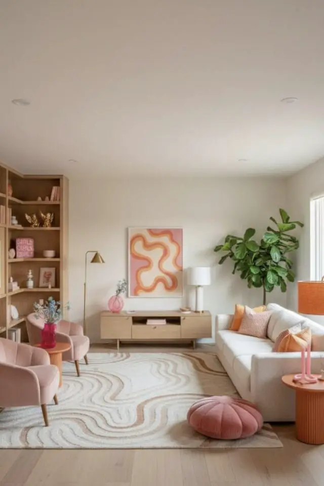 meuble télé bas petit format bibliothèque du sol au plafond salon mobilier en bois ambiance moderne et lumineuse canapé blanc fauteuil rose 