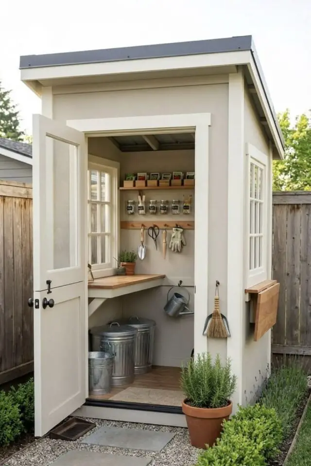 organisation petit chalet de jardin plan de travail poubelle bac à compost étagère et patère pour suspendre les outils de jardinage 