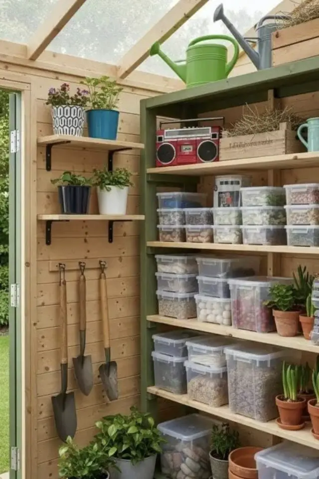 chalet de jardin idée d'organisation pratique meuble étagère avec bac de rangement transparent étagère murale pour pot de fleur 