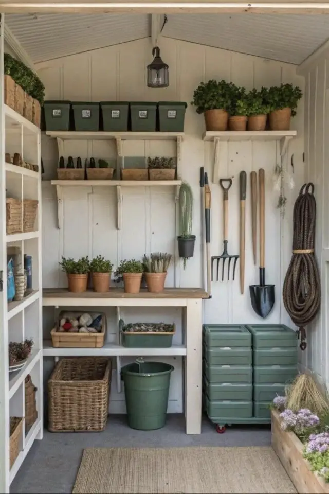 chalet de jardin organisé meuble Ikea plant de travail étagères murale et rangement sur roulettes outils suspendu boite pratique et panier 