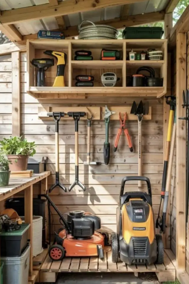 chalet de jardin en bois organisation rangement plan de travail étagère en hauteur gain de place outils suspendu 