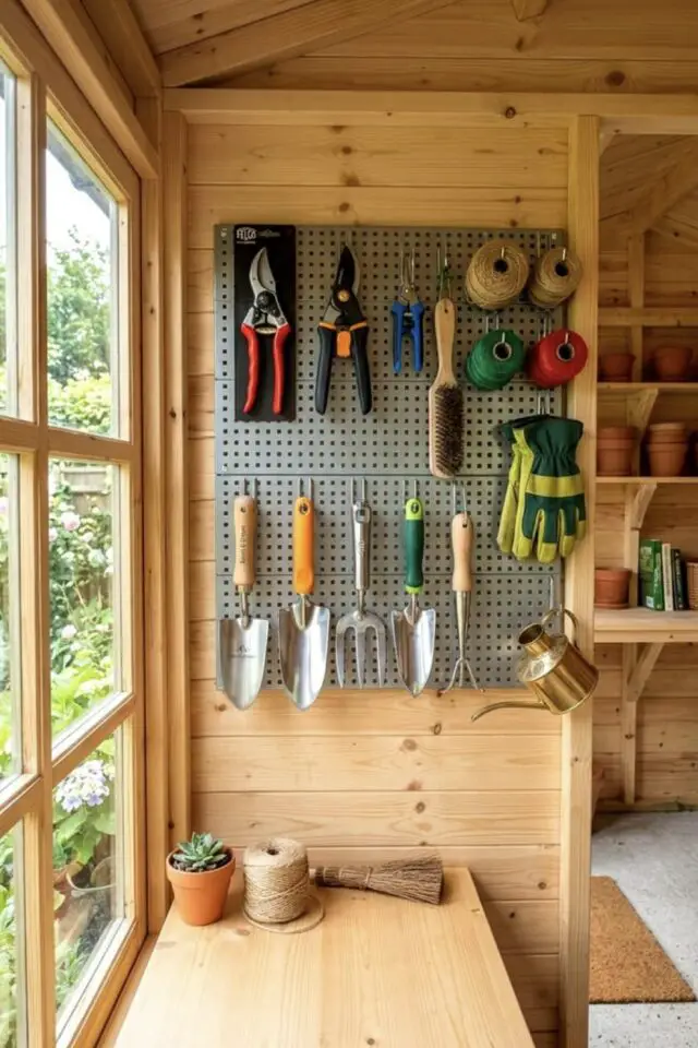idée pratique et facile pour organiser le chalet de jardin pegboard mural pour suspendre les petit outils 