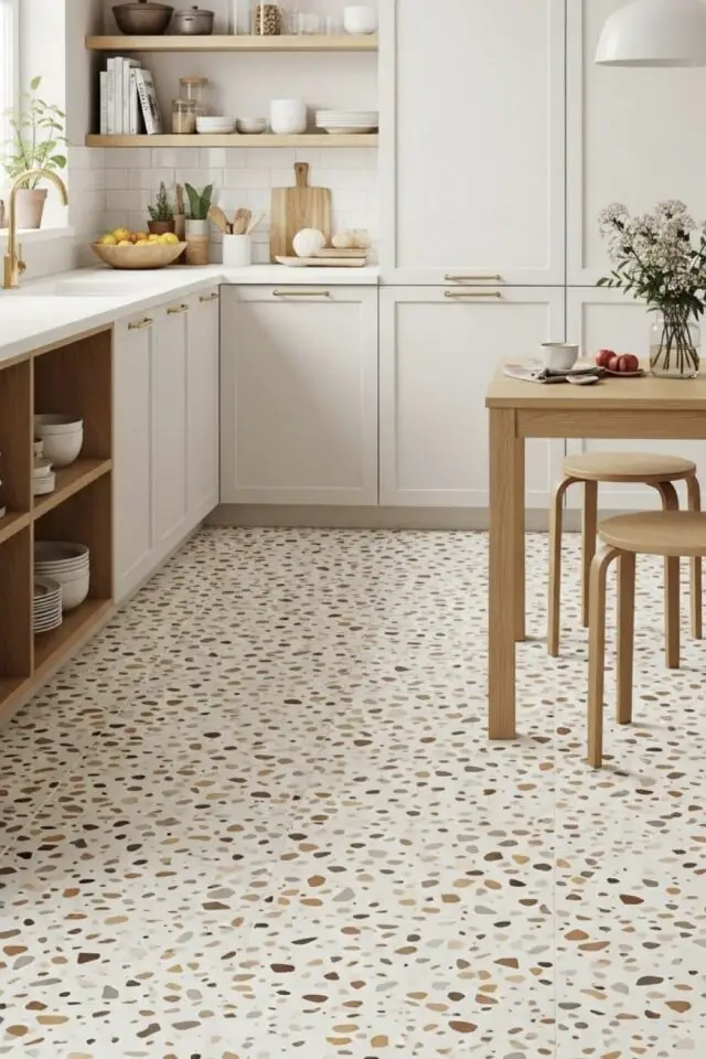 Relooking rénovation sol cuisine sol souple PVC moderne imprimé terrazzo 
