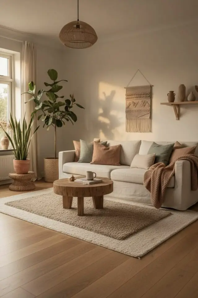 décoration salon style slow living mur beige canapé en ton sur ton touche de couleur plus foncée coussin tapis petite table basse ronde en bois 