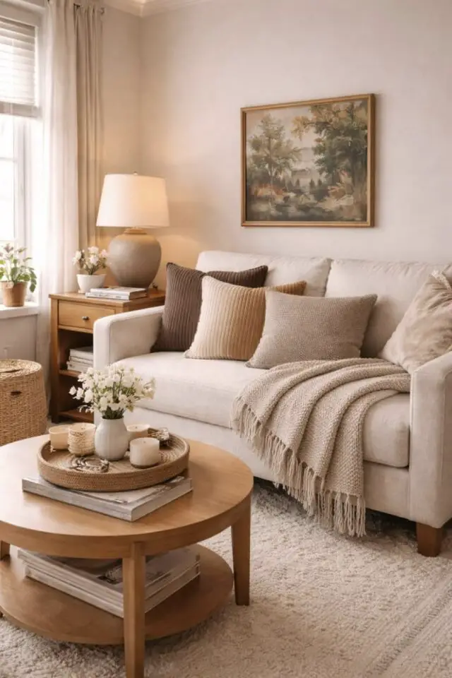 salon slow living idée petit canapé beige table en bous mur peinture blanche chic et élégant sobre 