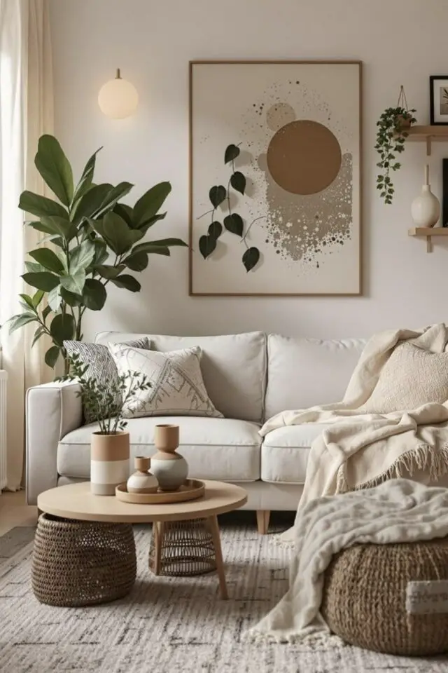 salon slow déco idée mur blanc canapé en ton sur ton ambiance neutre tapis clair table basse en bois plante verte 