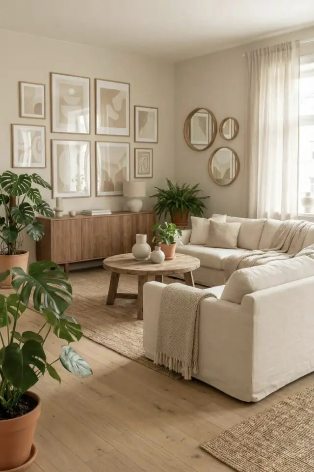 décoration salon style slow living canapé d'angle beige blanc crème tapis en jute table basse en bois buffet plantes vertes galerie de cadres pour décorer les murs 