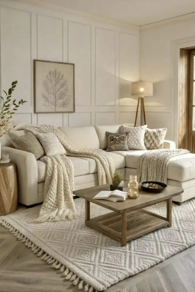 salon slow living idée canapé blanc crème avec méridienne tapis assorti table basse en bois sombre moulure mur peinte en ton sur ton 