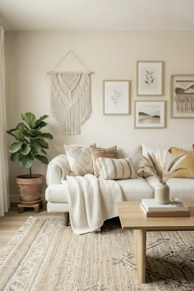 salon slow déco idée univers beige et élégant peinture murale unie macramé et affiches encadrées au dessus du canapé tapis XXL table basse en bois 