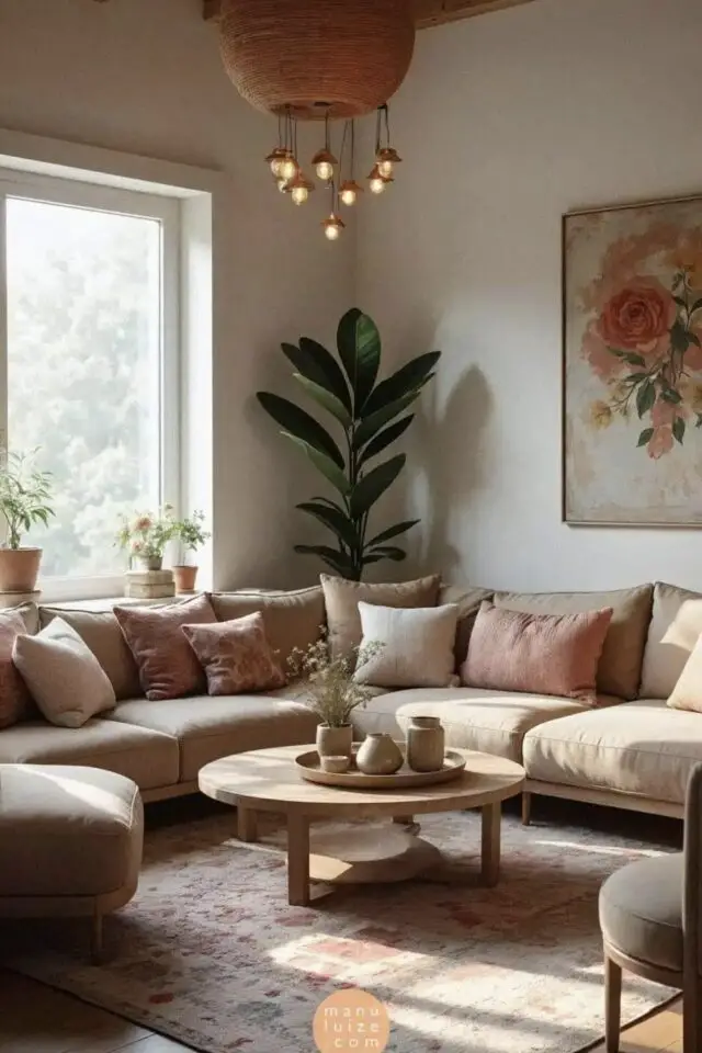 salon slow living idée canapé d'angle XXL beige table basse ronde tapis 