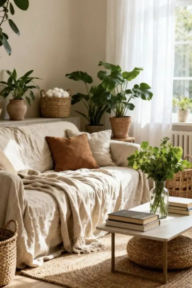 salon slow déco idée petit canapé avec plaid en lin froissé beige tapis en jute table basse rectangulaire plantes vertes 