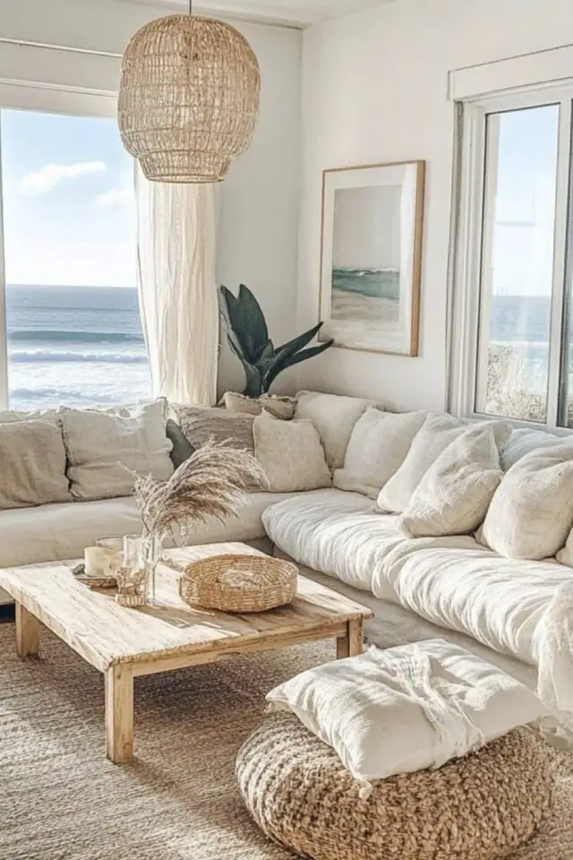 salon style bord de mer canapé d'angle écru coussin tapis naturel table basse en bois clair suspension bambou palette neutre et chic 